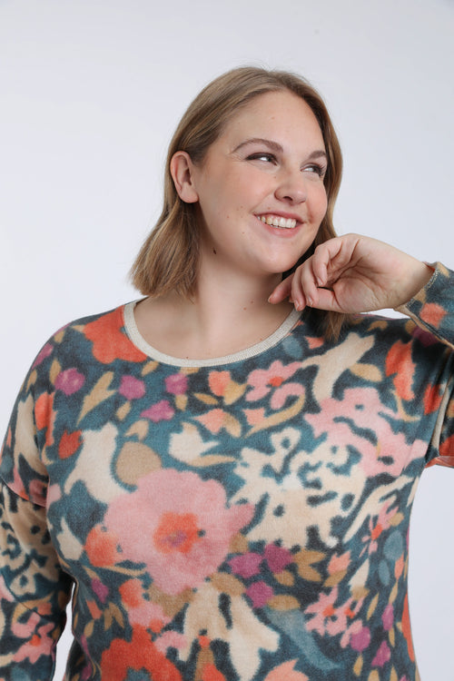 T-shirt maille chaude imprimé fleuri-Paprika-3