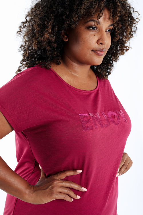 Uni Baumwoll-T-Shirt „Enjoy“ mit Pailletten-Paprika-4