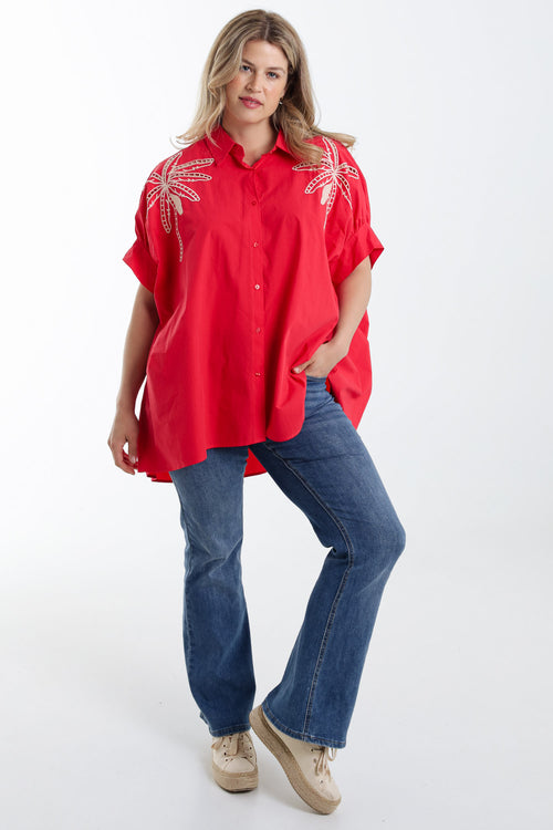 Oversized-Hemd aus einfarbigem Baumwollstoff mit Stickereien-Paprika-7