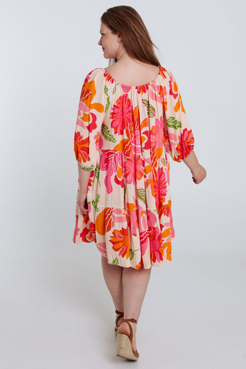 Kurzes Kleid aus bedruckter Viskose mit Blumenmuster-Paprika-2