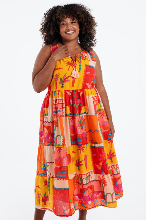 Kleid aus bedruckter Baumwolle mit tropischem Muster-Paprika-1