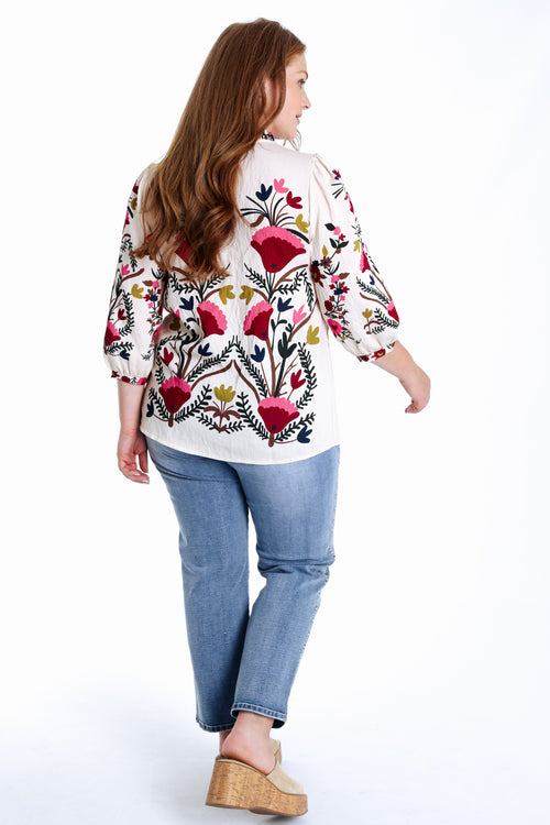 Bedruckte Bluse aus Viskose mit folkloristischem Blumenmuster-Paprika-2