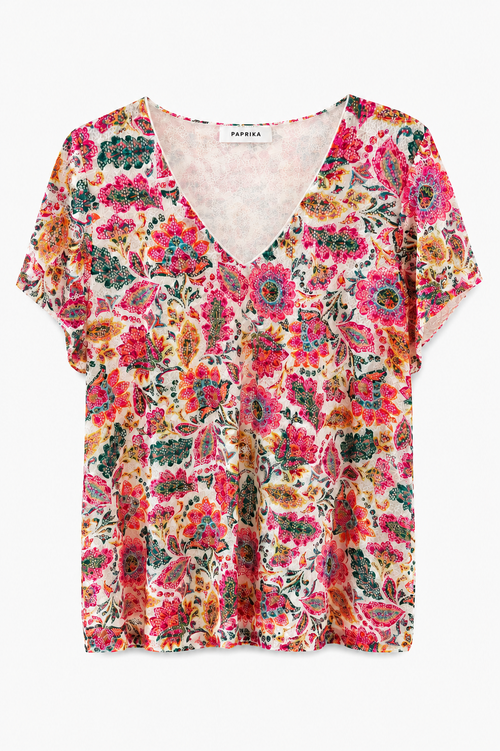T-shirt en dentelle imprimé fleurs indiennes-Paprika-1
