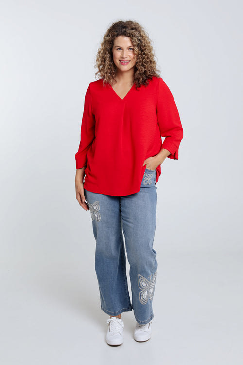 Locker geschnittene, unifarbene Bluse-Paprika-6