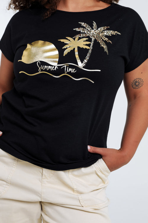 T-Shirt aus Baumwolle mit Folien-Print von Palmen und Pailletten-Paprika-5