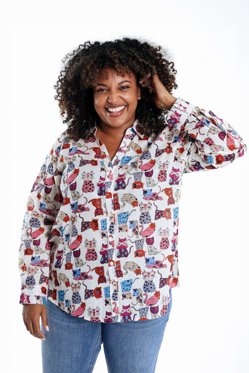 Bedruckte Bluse aus Baumwolle mit Katzenmotiv-Paprika-1