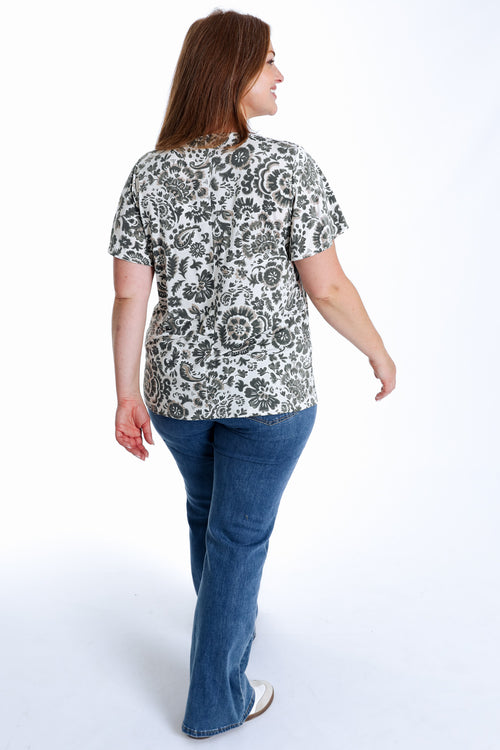 T-Shirt aus kühlem Strick mit zweifarbigem Blumenmuster-Paprika-2