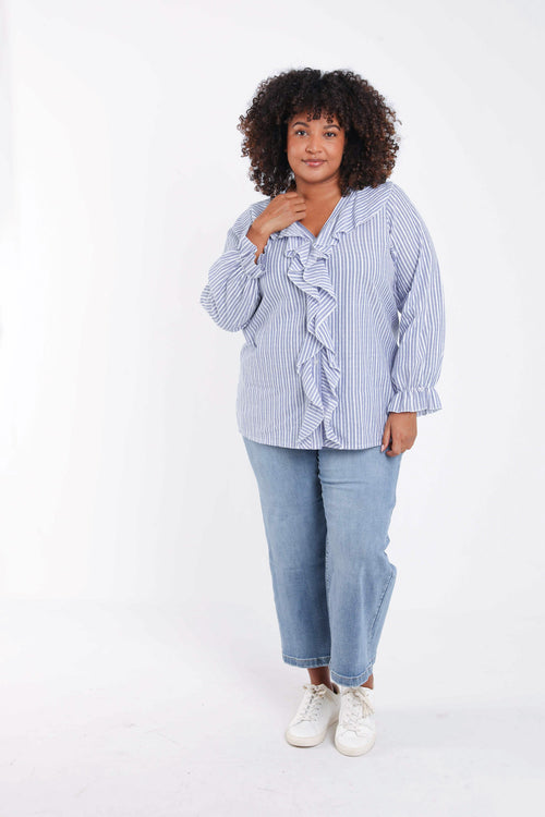 Gestreifte Baumwollbluse mit Rüschen-Paprika-7