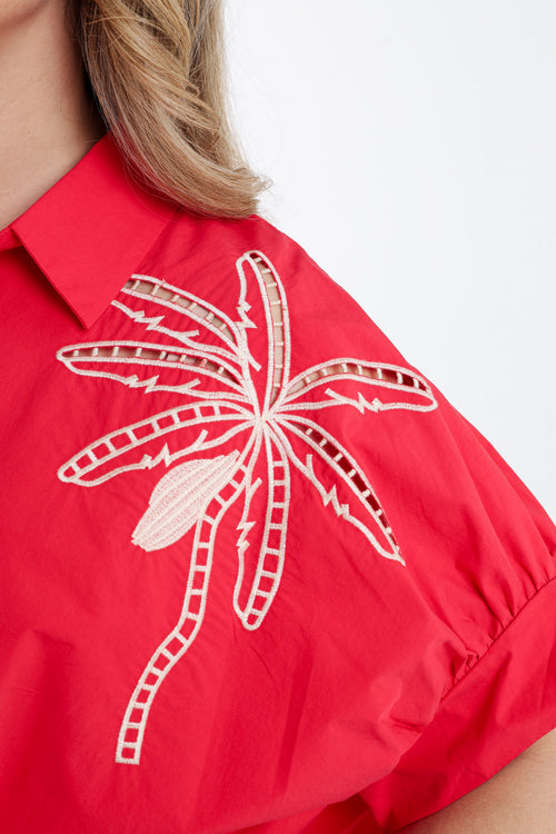 Oversized-Hemd aus einfarbigem Baumwollstoff mit Stickereien-Paprika-3
