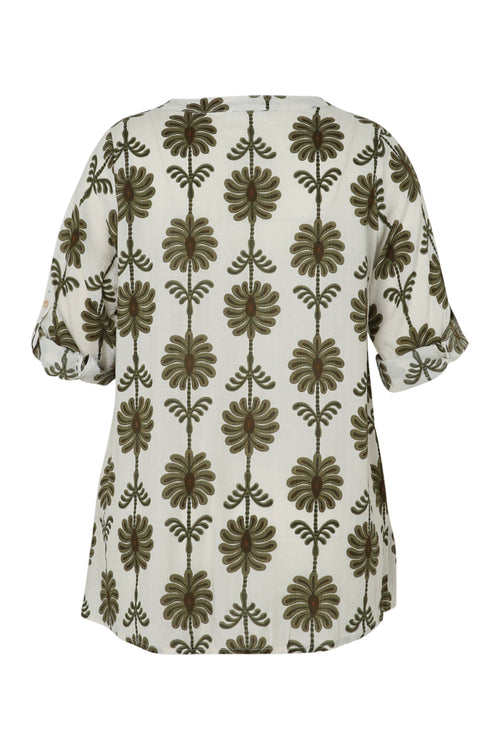 Bluse mit Durchbruchdetails und zweifarbigem Druck-Paprika-11