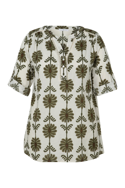 Bluse mit Durchbruchdetails und zweifarbigem Druck-Paprika-10