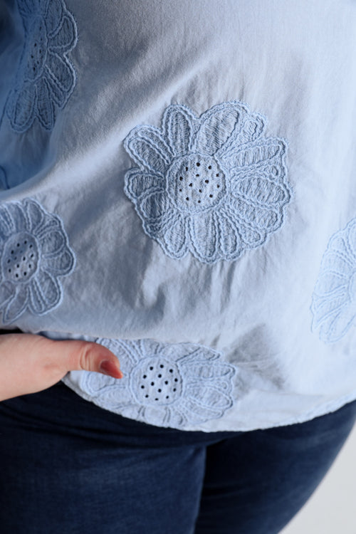 Bluse aus einfarbiger Baumwolle mit Stickereiblumen-Paprika-6