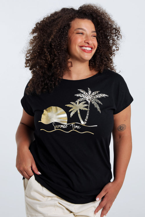 T-Shirt aus Baumwolle mit Folien-Print von Palmen und Pailletten-Paprika-1