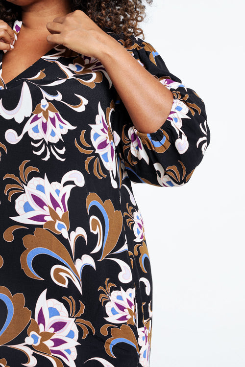 Kurzes, gerade geschnittenes Kleid aus Crêpe mit Blumendruck-Paprika-6