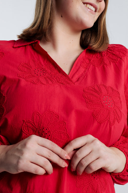 Bluse aus einfarbiger Baumwolle mit Stickereiblumen-Paprika-5