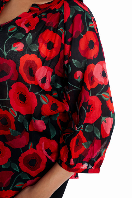 Baumwollbluse mit Mohnblumenmuster-Paprika-4