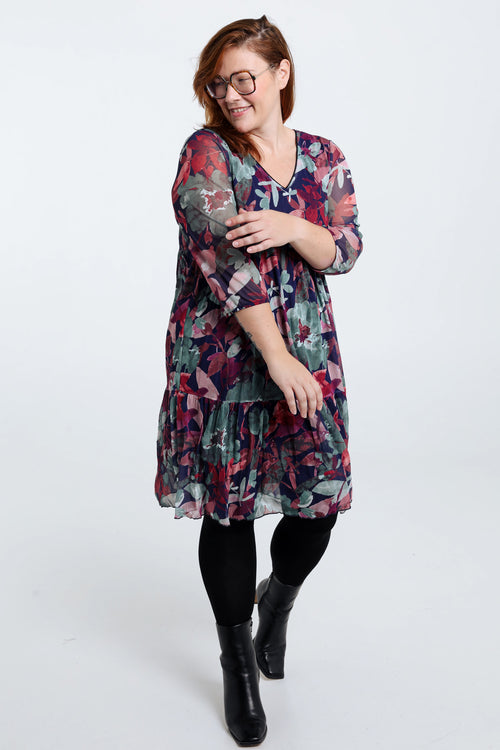 Kurzes Tunikakleid aus knitterigem Fischnetz mit Blumendruck und Lurex-Paprika-6