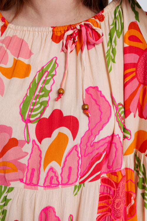 Kurzes Kleid aus bedruckter Viskose mit Blumenmuster-Paprika-5
