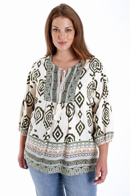 Bluse aus bedrucktem Viskose-Ethnomuster-Paprika-2