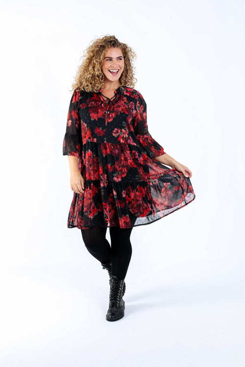 Tunika-Kleid aus Voile mit verschwommenem Blumenmuster-Paprika-8