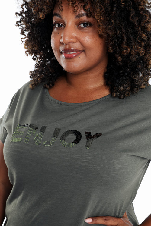 Uni Baumwoll-T-Shirt „Enjoy“ mit Pailletten-Paprika-5