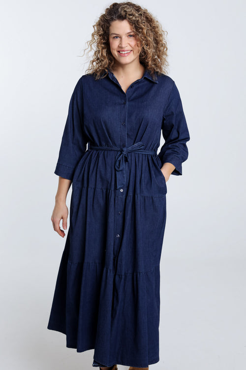  Langes Kleid mit Volants aus Jeansstoff-Paprika-1