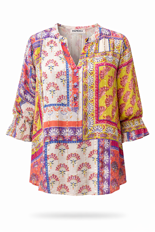 Blouse en viscose imprimé patchwork-Paprika-2