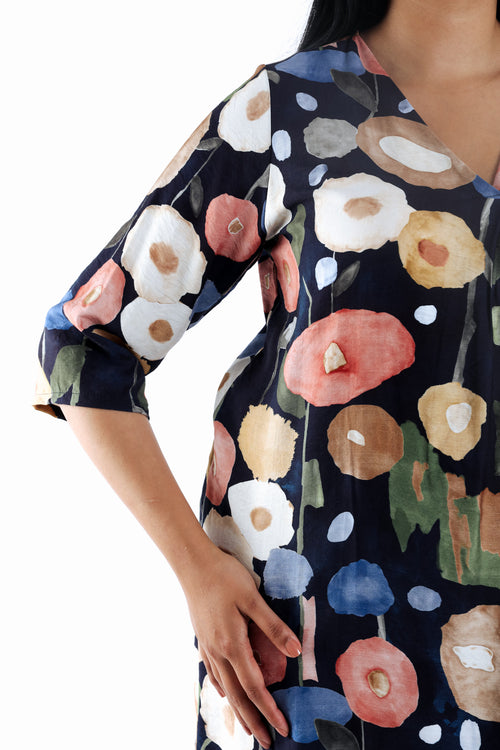 Kurzes Kleid aus Viskose mit rundem Blumenmuster-Paprika-5