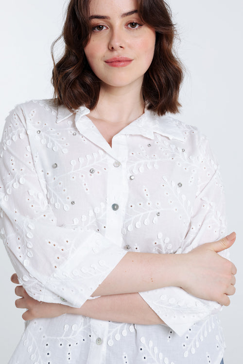 Unifarbenes Hemd mit Blattmuster in Relief und Strass-Paprika-5