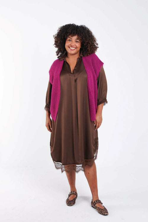 Uni Satin-Effekt Viskosekleid mit Spitze-Paprika-9