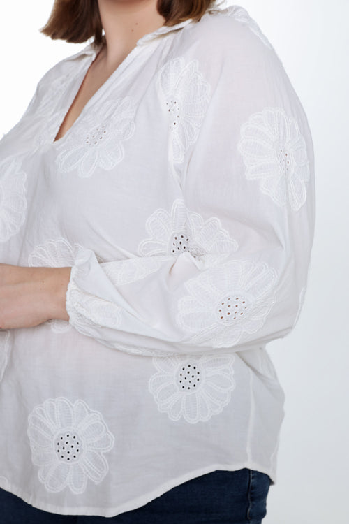 Bluse aus einfarbiger Baumwolle mit Stickereiblumen-Paprika-6