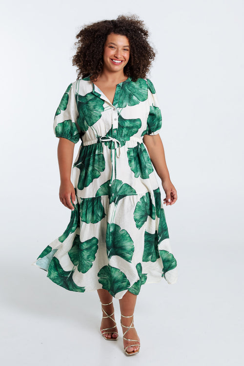 Langarmkleid aus bedruckter Viskose mit Blattmuster-Paprika-9