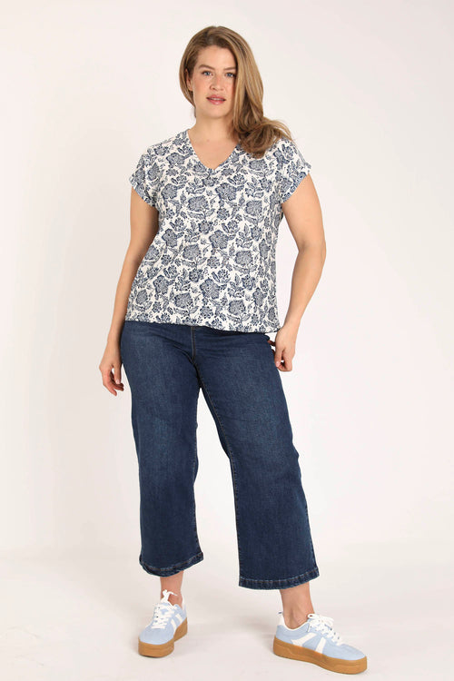 T-shirt en maille dentelle imprimé fleurs-Paprika-8