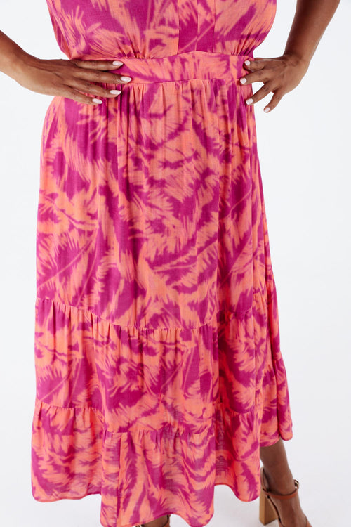 Langes Kleid aus bedruckter Viskose mit Blattmuster-Paprika-5