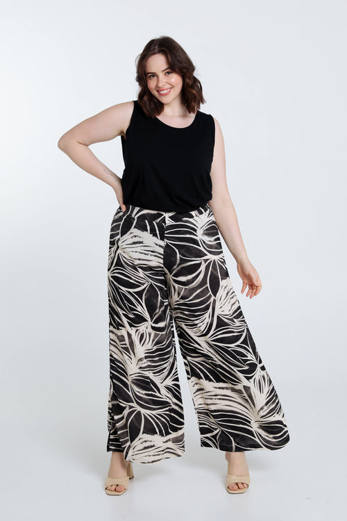 Weit geschnittene Viskosehose mit gezeichnetem Blumenmuster-Paprika-7