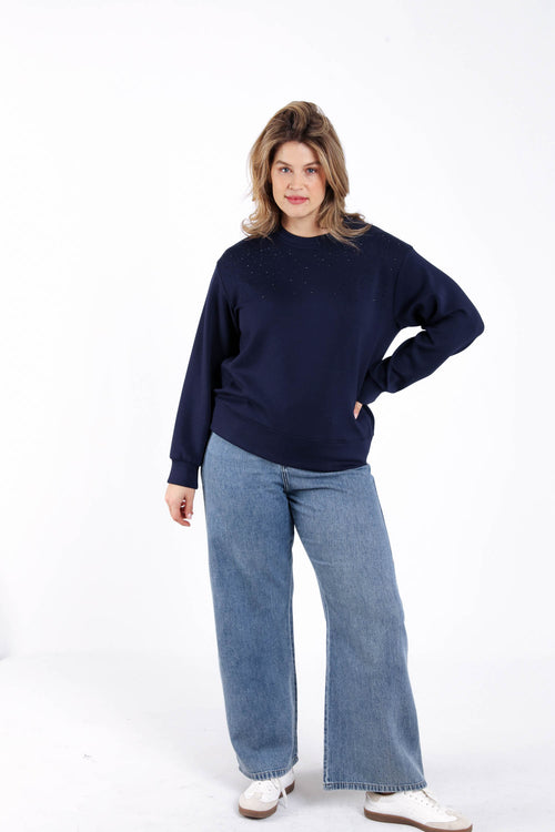 Unifarbiger Viskose-Sweatshirt mit Strasssteinen-Paprika-7