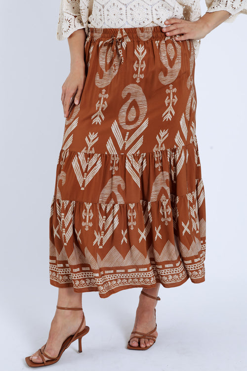 Jupe longue en viscose imprimé ethnique bicolore-Paprika-1