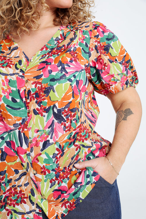 Bluse aus bedruckter Baumwolle mit Blumenmuster-Paprika-6