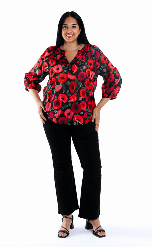 Baumwollbluse mit Mohnblumenmuster-Paprika-5