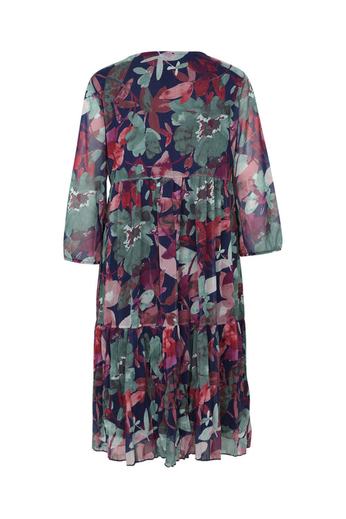 Kurzes Tunikakleid aus knitterigem Fischnetz mit Blumendruck und Lurex-Paprika-9