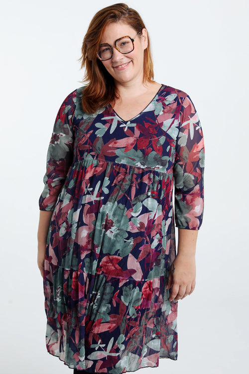 Kurzes Tunikakleid aus knitterigem Fischnetz mit Blumendruck und Lurex-Paprika-1