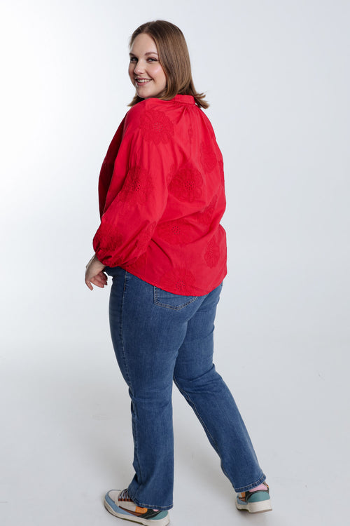 Bluse aus einfarbiger Baumwolle mit Stickereiblumen-Paprika-2