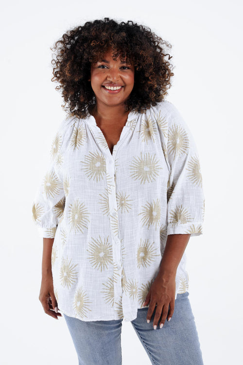 Bluse aus bedruckter Baumwolle mit Folien-Sonnenmotiv-Paprika-1