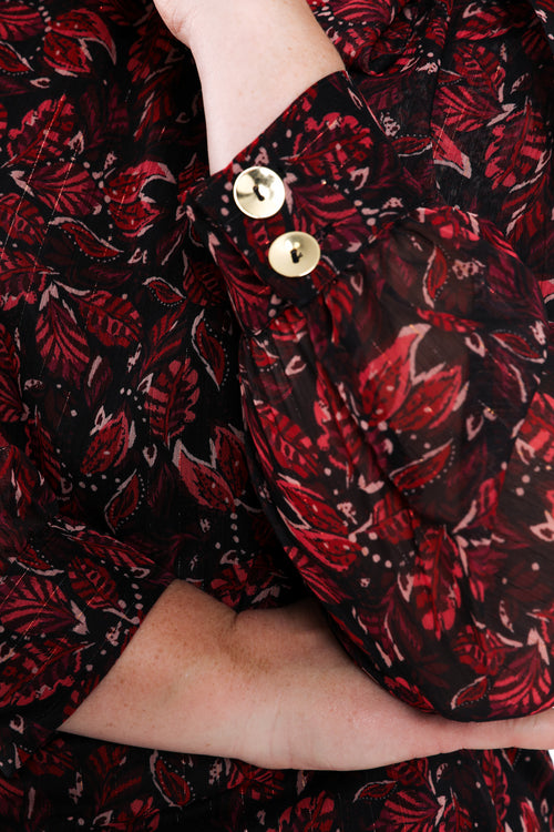 Bedruckte Lavallière-Bluse mit Blattmuster und Lurex-Paprika-4