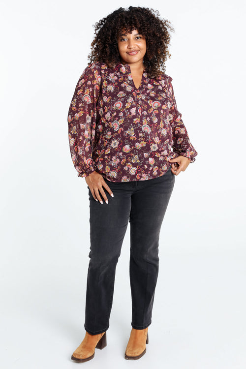 Blouse à volants imprimé floral avec lurex-Paprika-9