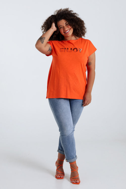Einfarbiges T-Shirt mit Enjoy-Stickerei und Pailletten-Paprika-9