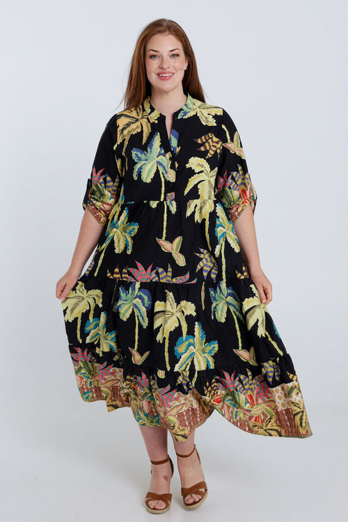 Langes Kleid aus bedruckter Baumwolle mit Palmenmuster-Paprika-7