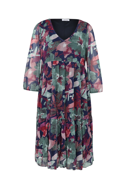 Kurzes Tunikakleid aus knitterigem Fischnetz mit Blumendruck und Lurex-Paprika-8