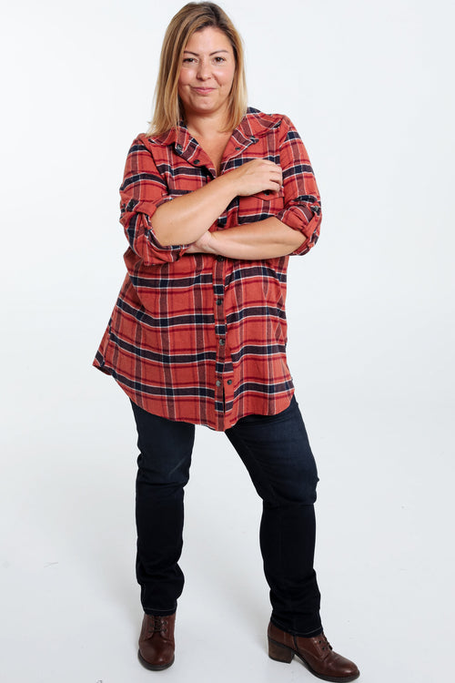 Langes, kariertes Hemd mit Taschen und Druckknöpfen-Paprika-7