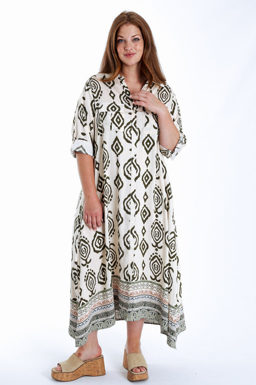 Langärmeliges langes Kleid mit zweifarbigem Ethnomuster-Paprika-9